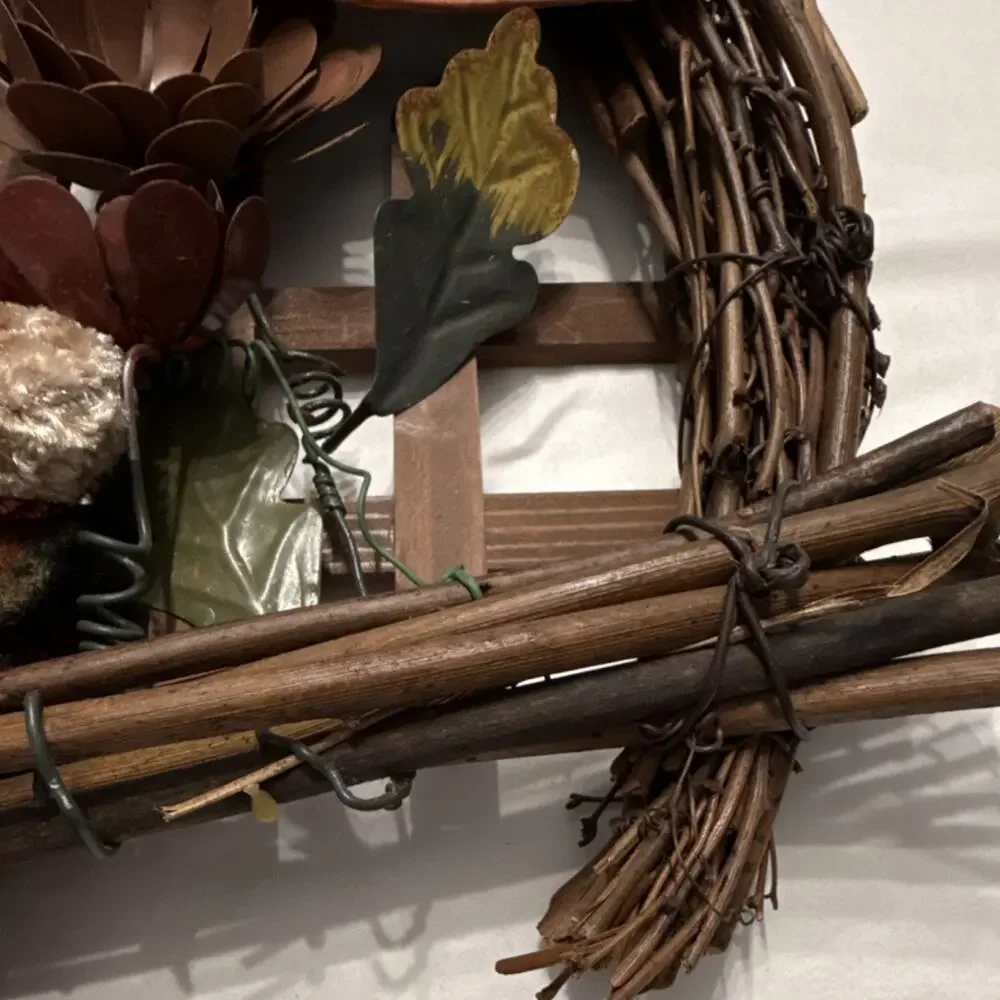 Plush Teddy Bear Artificial Flower Rustic Wood Vine Door Wreath Decoration 15x13